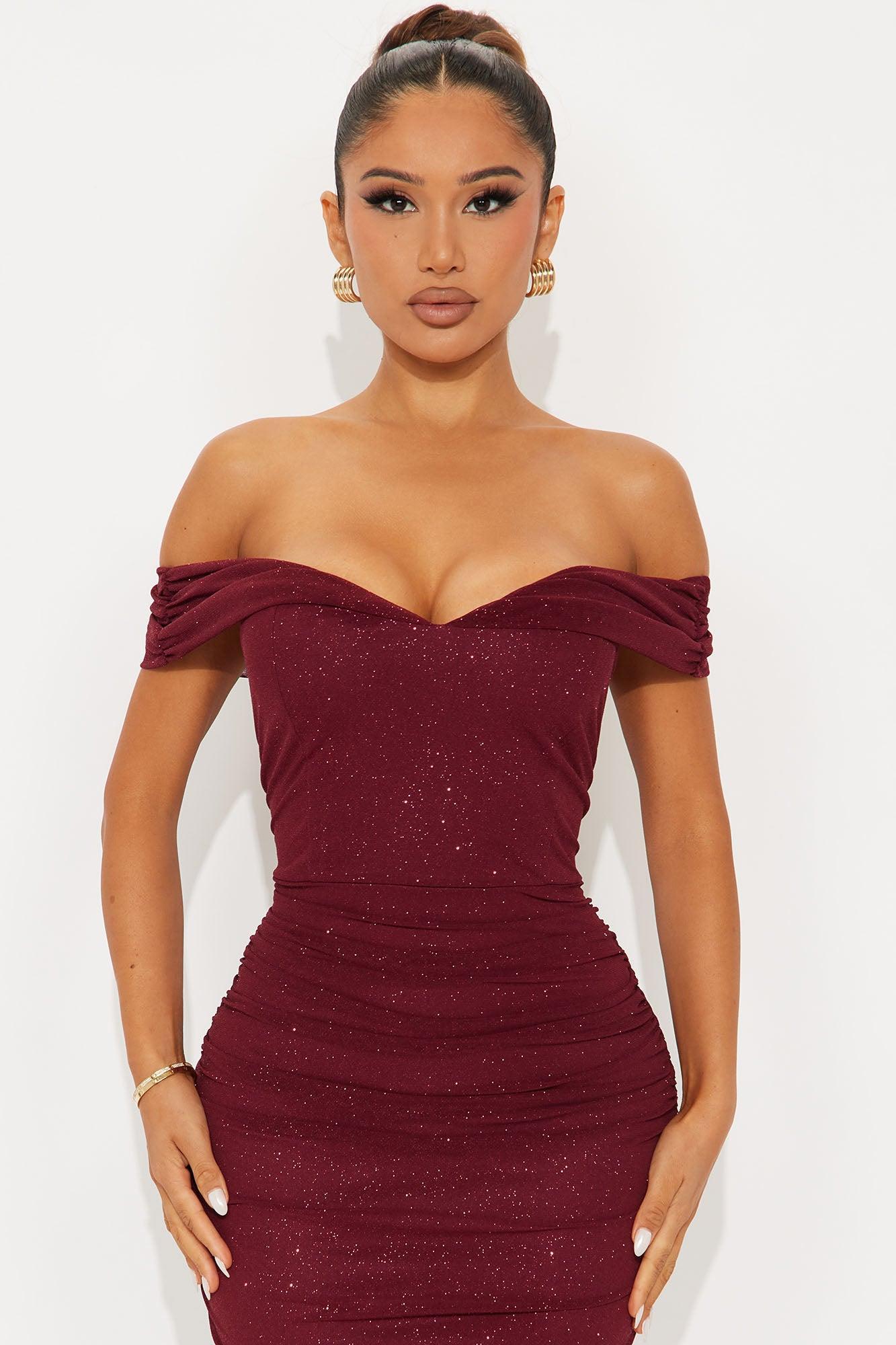 Jackie Glitter Mesh Ruched Midi Dress - Wine Product Image