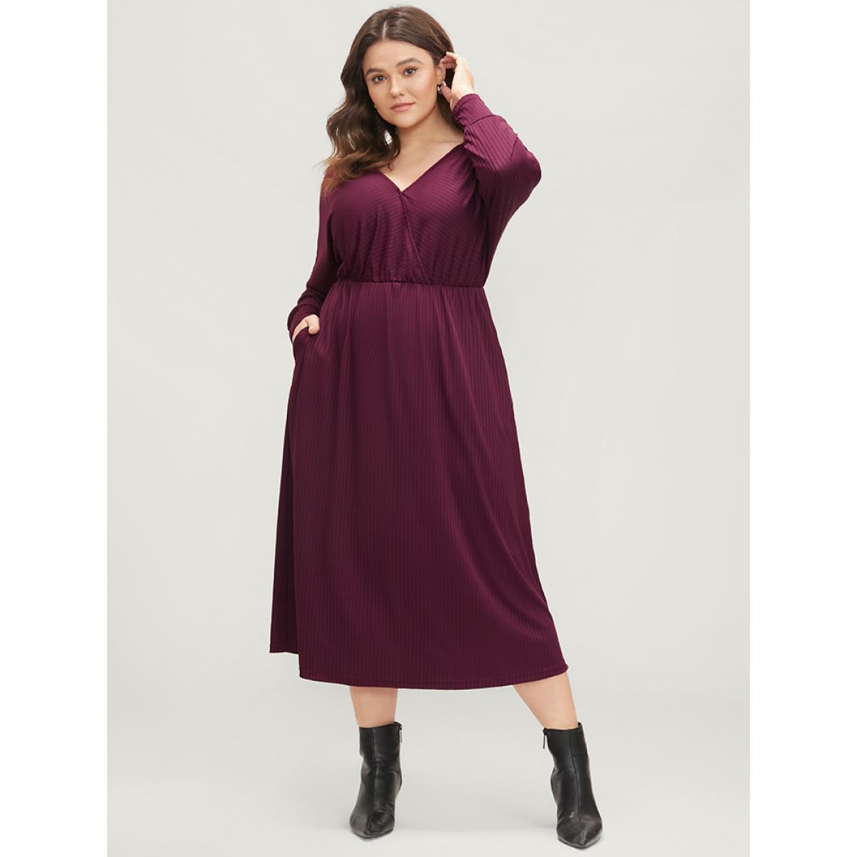Plus Size Solid Dolman Sleeve Pocket Rib Knit Wrap Dress Burgundy Women Elegant Wrap V-neck Long Sleeve Curvy Midi Dress BloomChic 22-24/3X Product Image