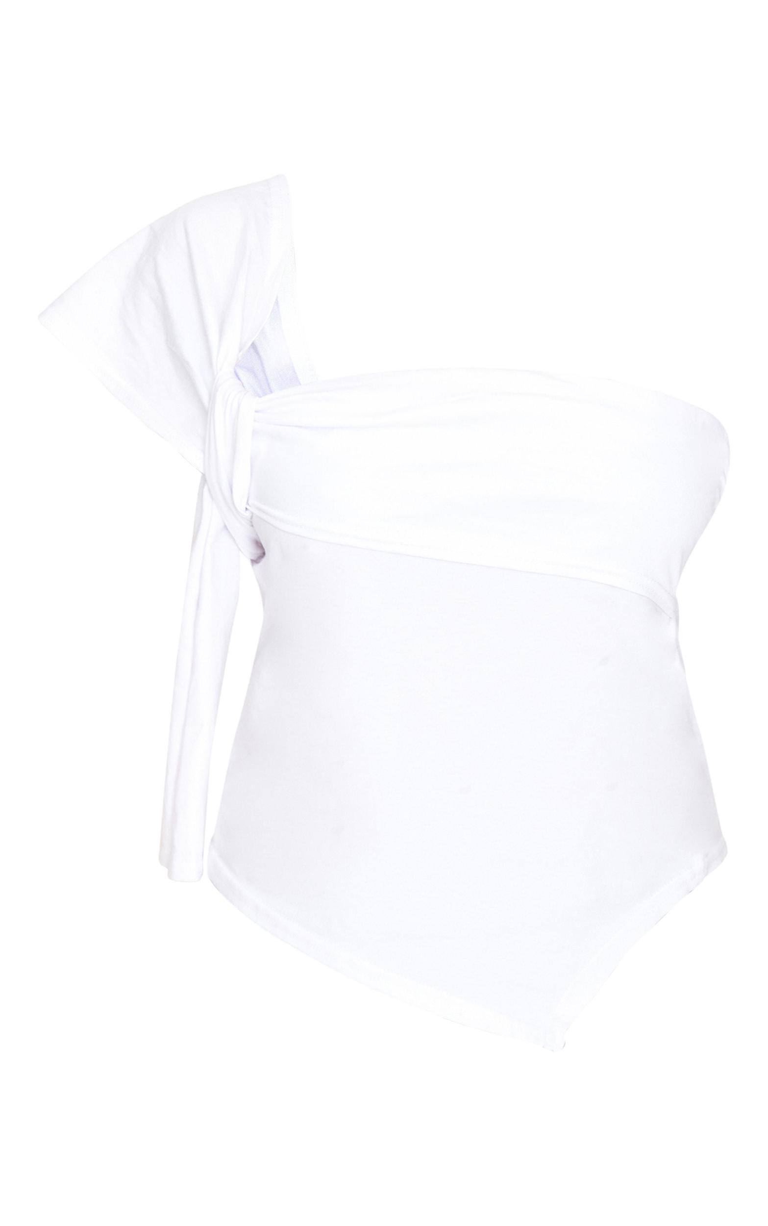 White Cotton Knot Detail Asymmetric Shoulder Long Top Product Image
