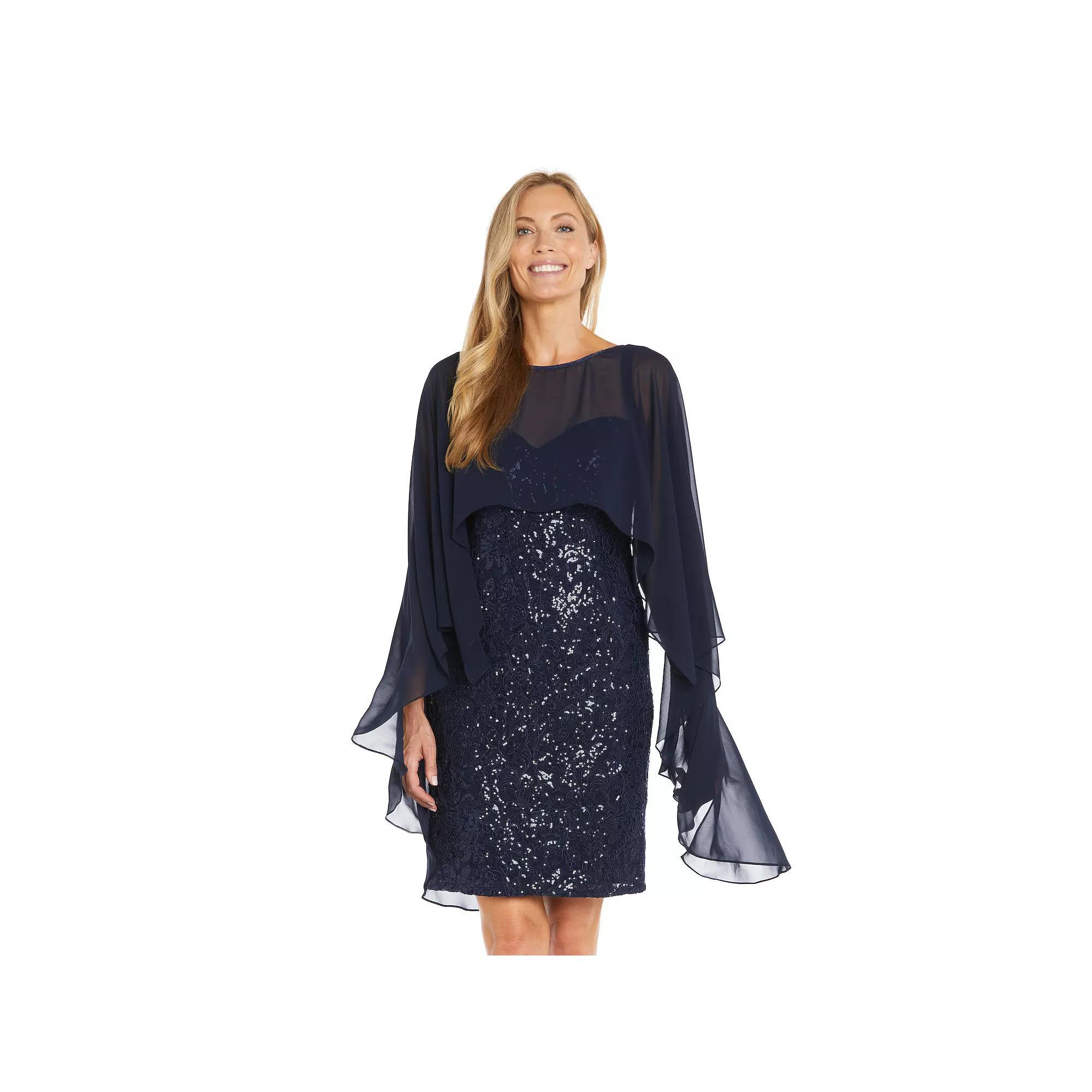Women's R&M Richards Short Lace & Sequin Dress with Flyaway Capelet, Size: 10, Blue Product Image