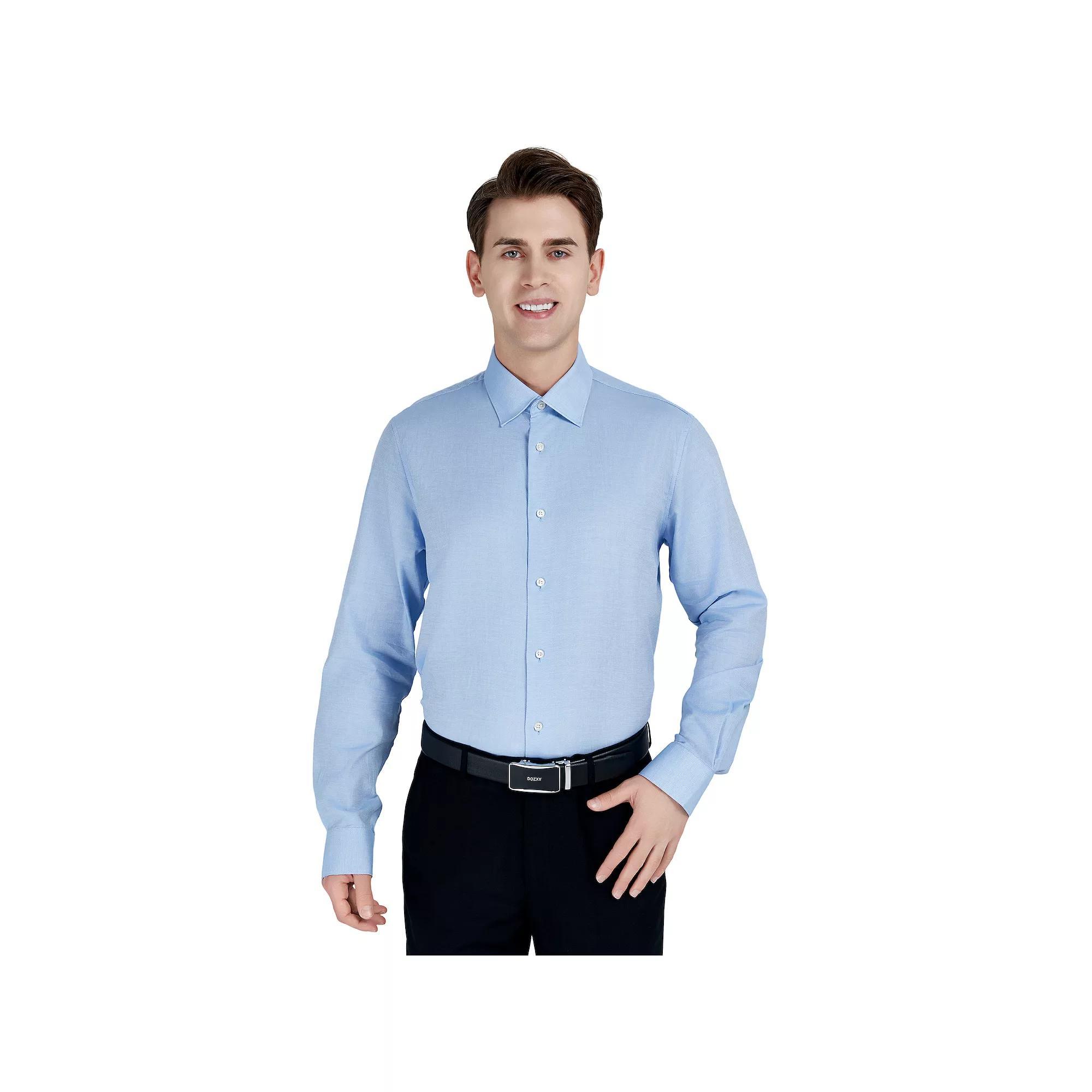 Men's Bespoke Classic-Fit Textured Easy Care Dress Shirt, Size: Medium-32/33, Blue Product Image