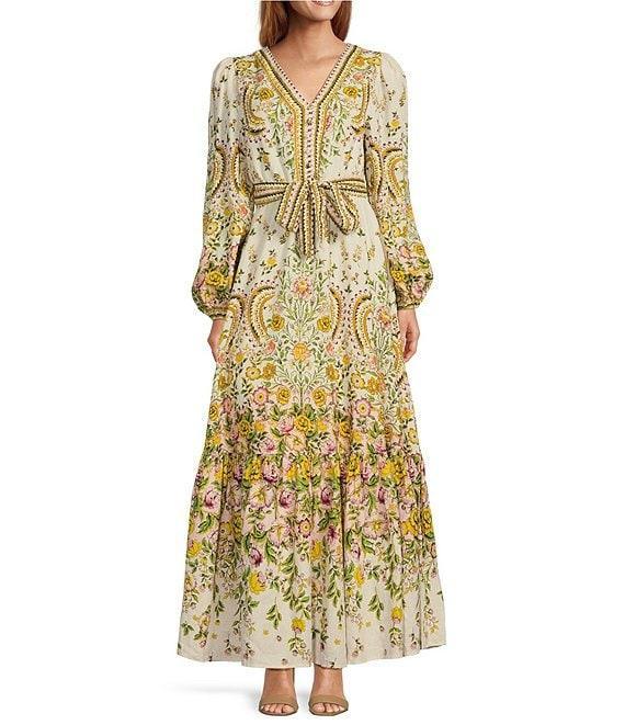 A Loves A Floral Print Woven V-Neck Button Front Long Balloon Sleeve Tie at Waist A-Line Flounce Maxi Dress Product Image