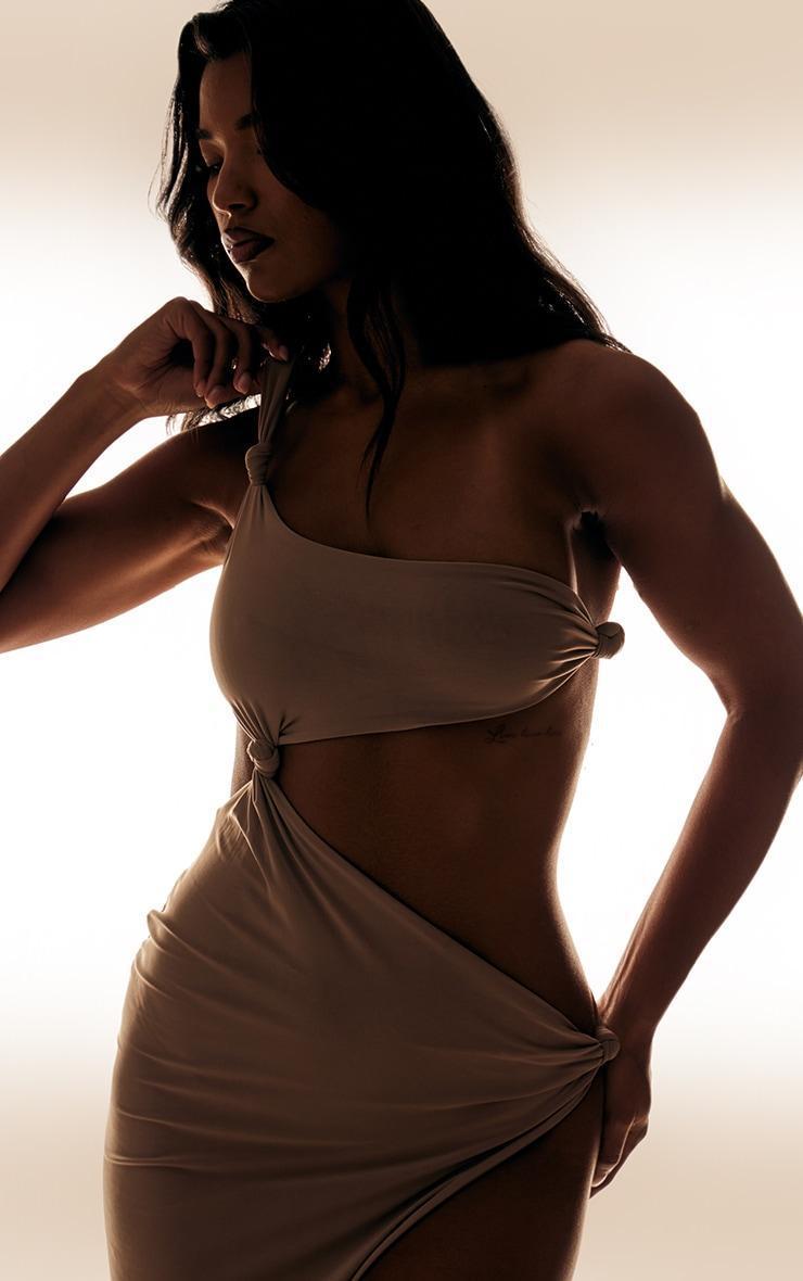 Sand Double Layer Slinky Asymmetrical Knotted Maxi Dress Product Image