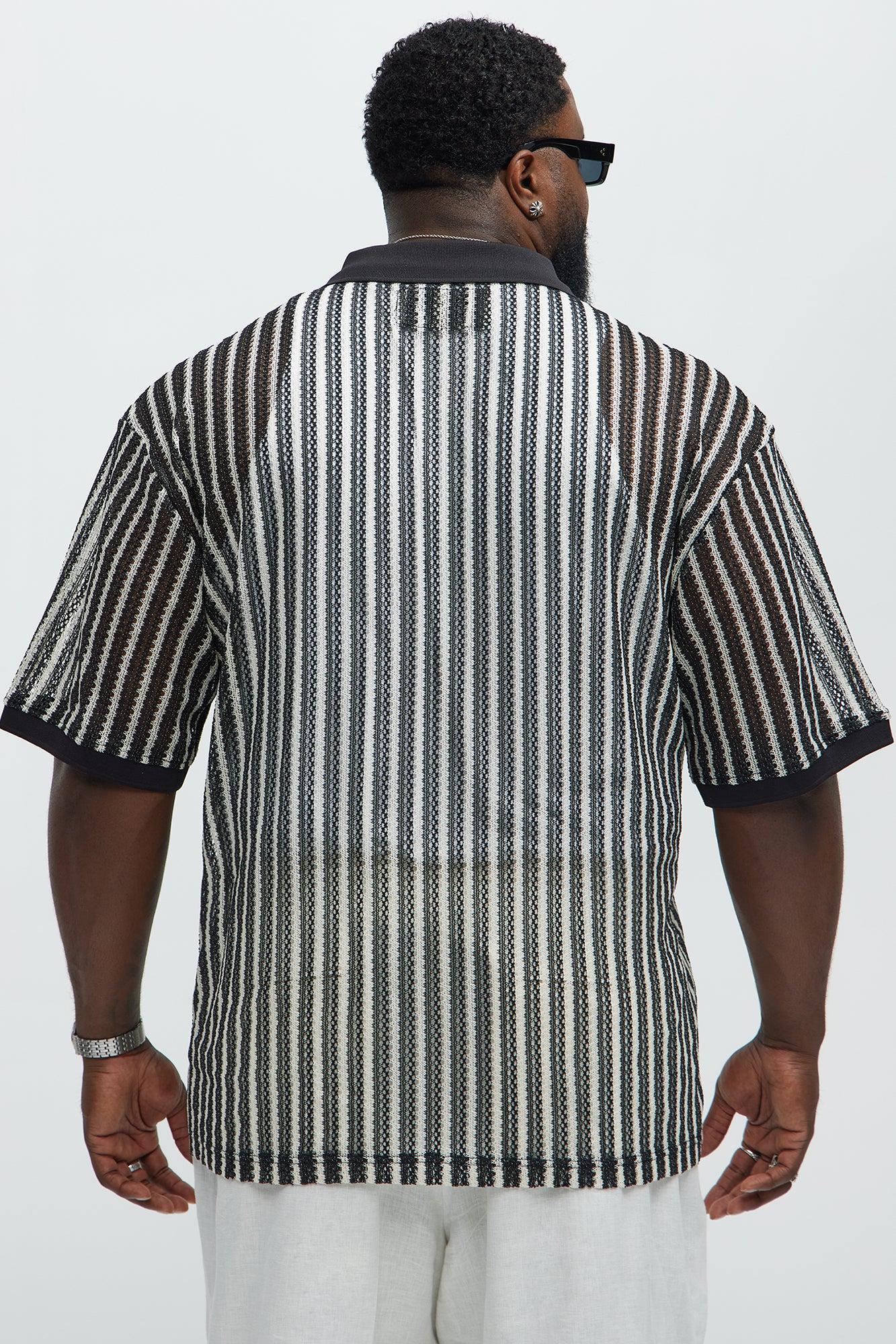 Striped Textured Johnny Collar Polo - Black/combo Product Image