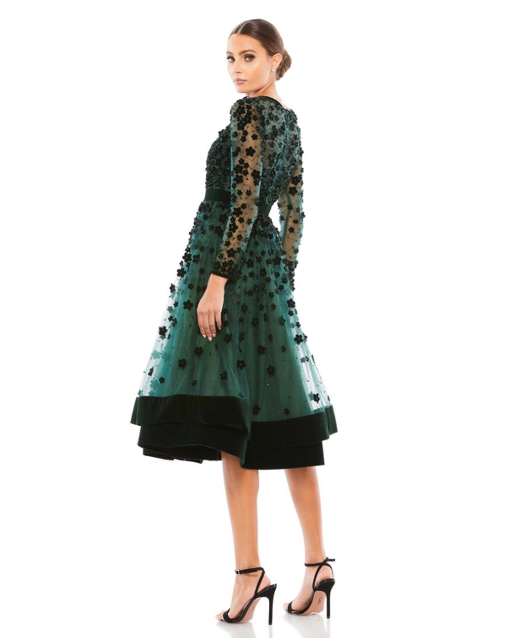 Long Sleeve Fit & Flare Velvet Embellished Cocktail Dress In Emerald Green Product Image
