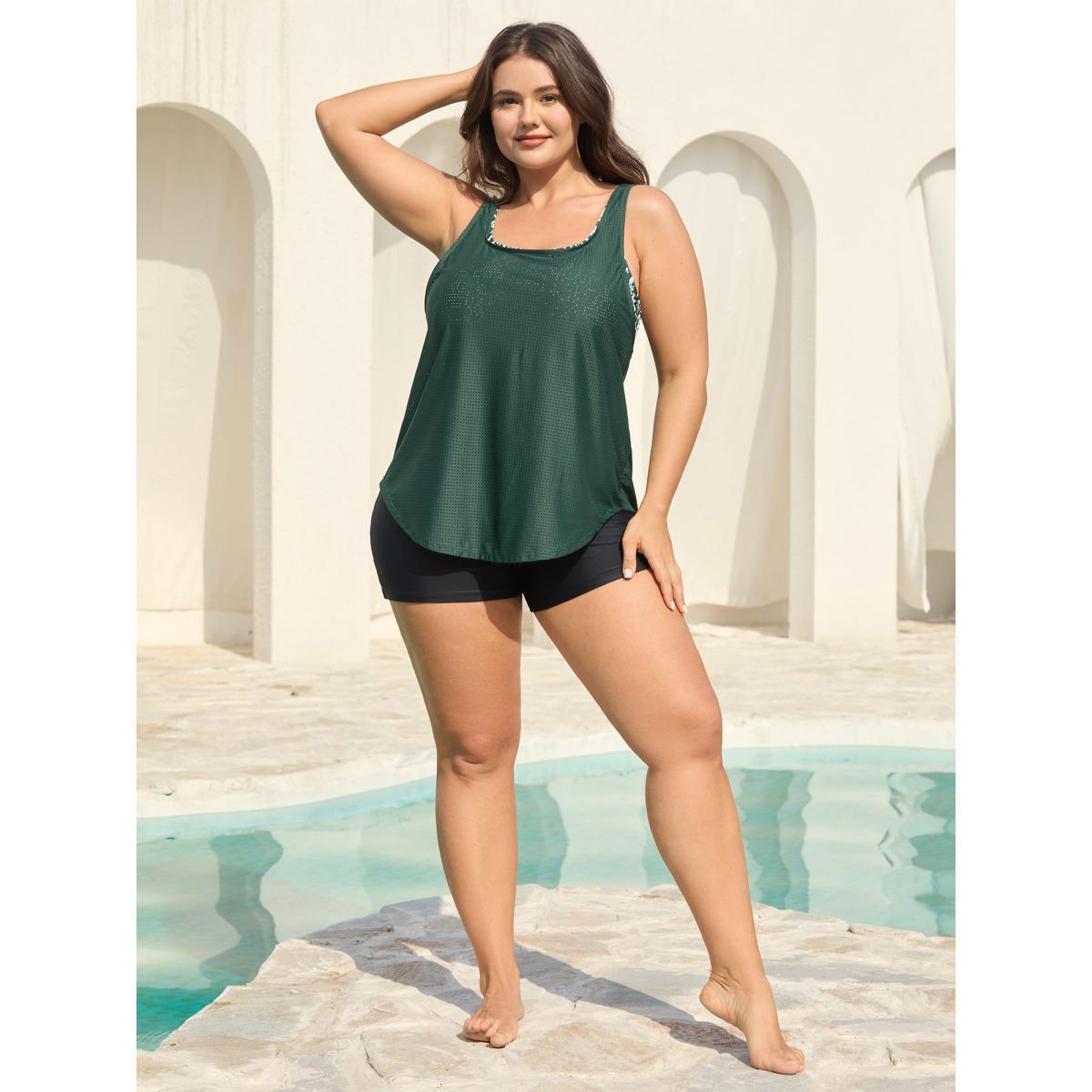 Plus Size Two-Piece Boho Print Swim Top Women's Swimwear DarkGreen Beach Cut-Out High stretch Bodycon U-neck Curve Swim Tops BloomChic 22-24/3X Product Image