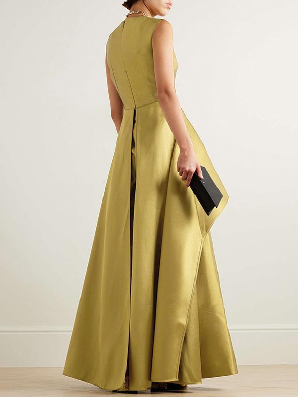 Sleeveless Wrap Falbala Layered Solid Color Zipper Round-Neck Jumpsuits Product Image