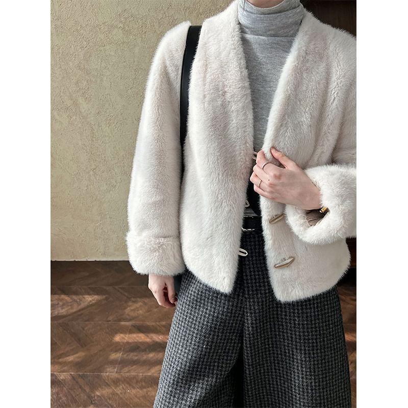 V-Neck Plain Faux Fur Toggle Jacket Product Image