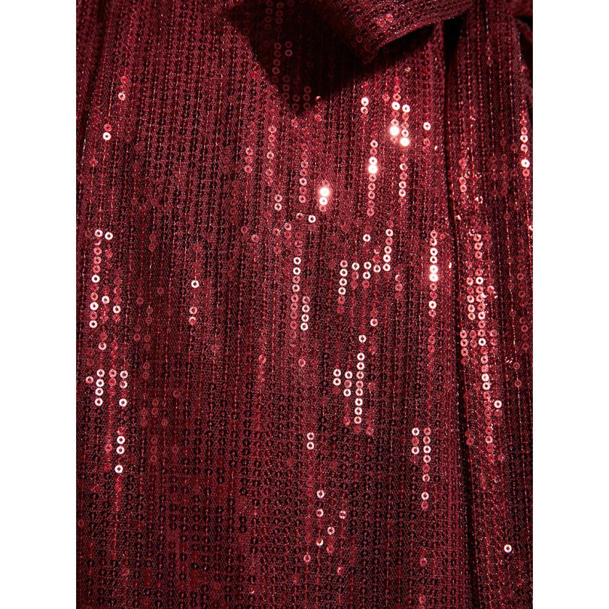 Plus Size Solid Square Neck Lantern Sleeve Belted Sequin Dress Burgundy Women Party Cross straps Square Neck Long Sleeve Curvy Midi Dress BloomChic 30/6X Product Image
