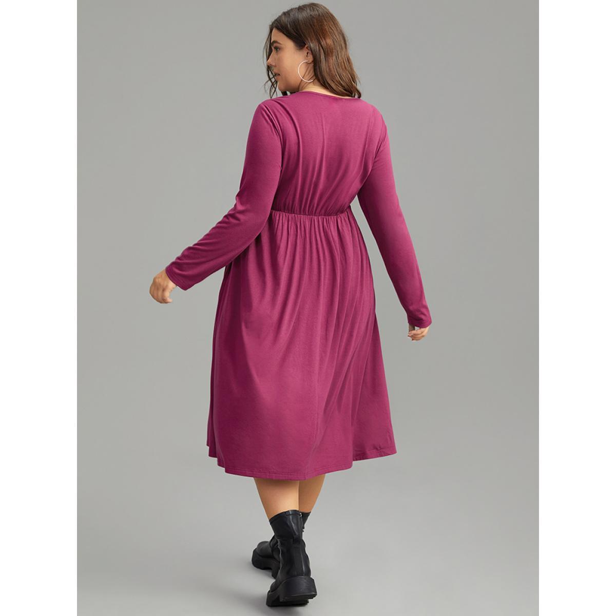 Plus Size Solid Pleated V Neck Elastic Waist Dress Purple Women Casual Plain V-neck Long Sleeve Curvy Midi Dress BloomChic 18-20/2X Product Image