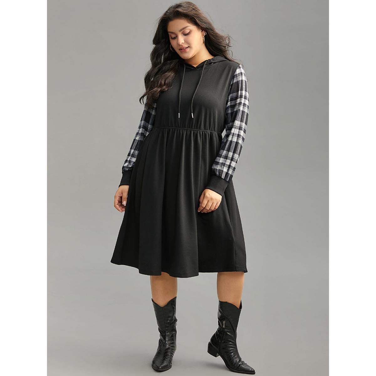 Plus Size Plaid Patchwork Drawstring Pocket Hooded Dress Black Women Casual Printed Hooded Long Sleeve Curvy Midi Dress BloomChic 14-16/1X Product Image