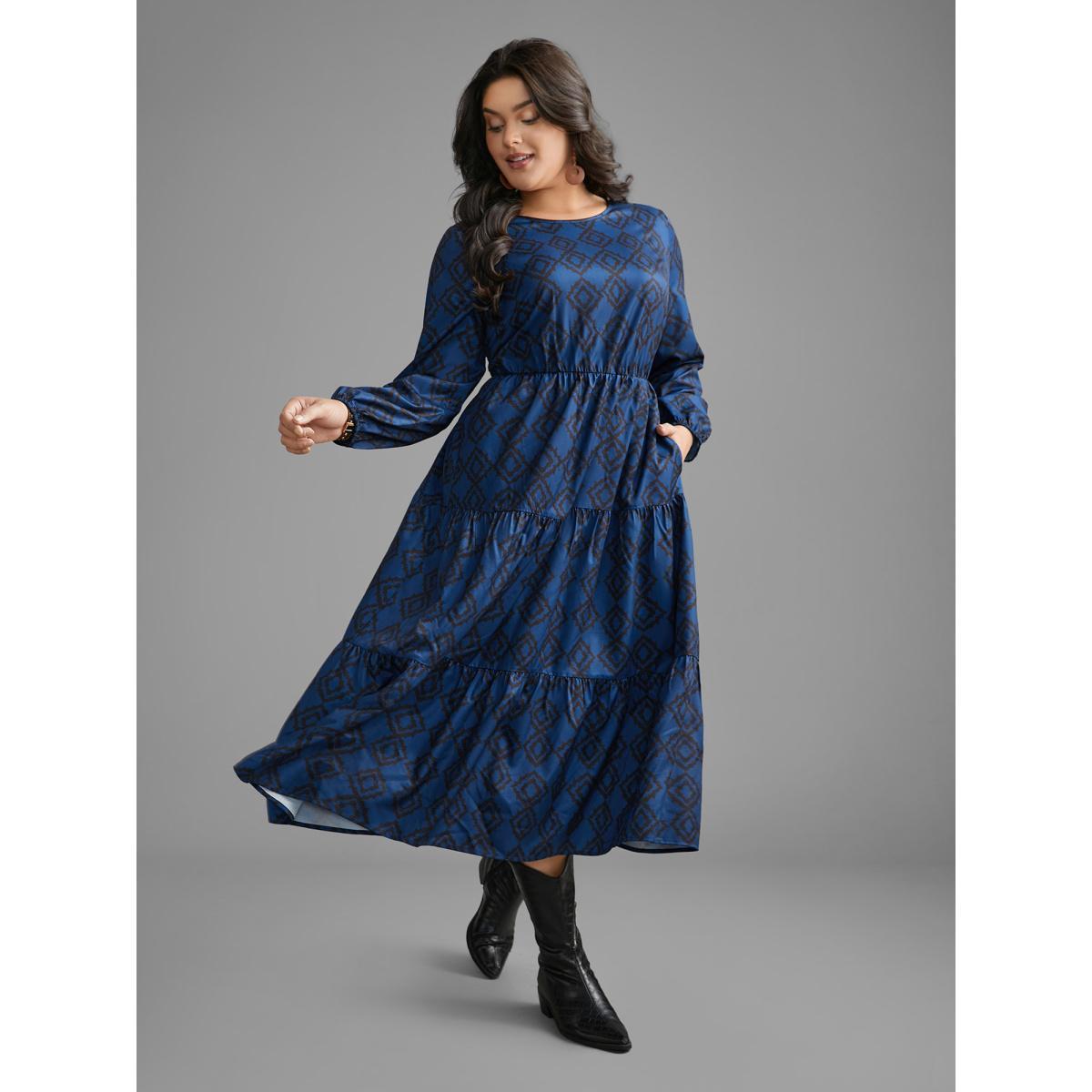 Plus Size Bandana Geometric Ruffle Layered Hem Dress Indigo Women Resort Non Round Neck Long Sleeve Curvy BloomChic 26/4X Product Image
