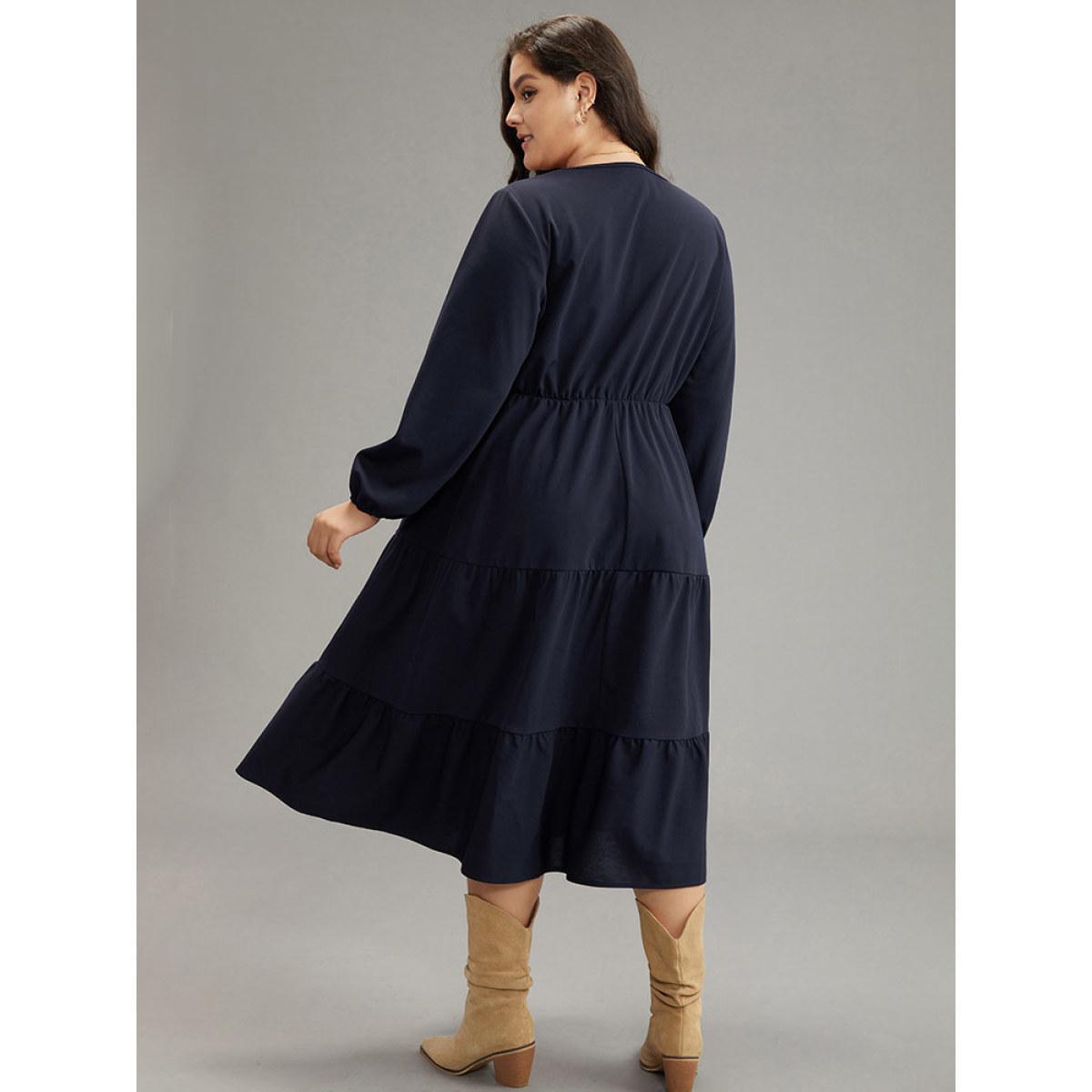 Plus Size Plain Contrast Webbing Elastic Waist Dress Midnight Women Casual Elastic cuffs V-neck Long Sleeve Curvy Midi Dress BloomChic 12/L Product Image