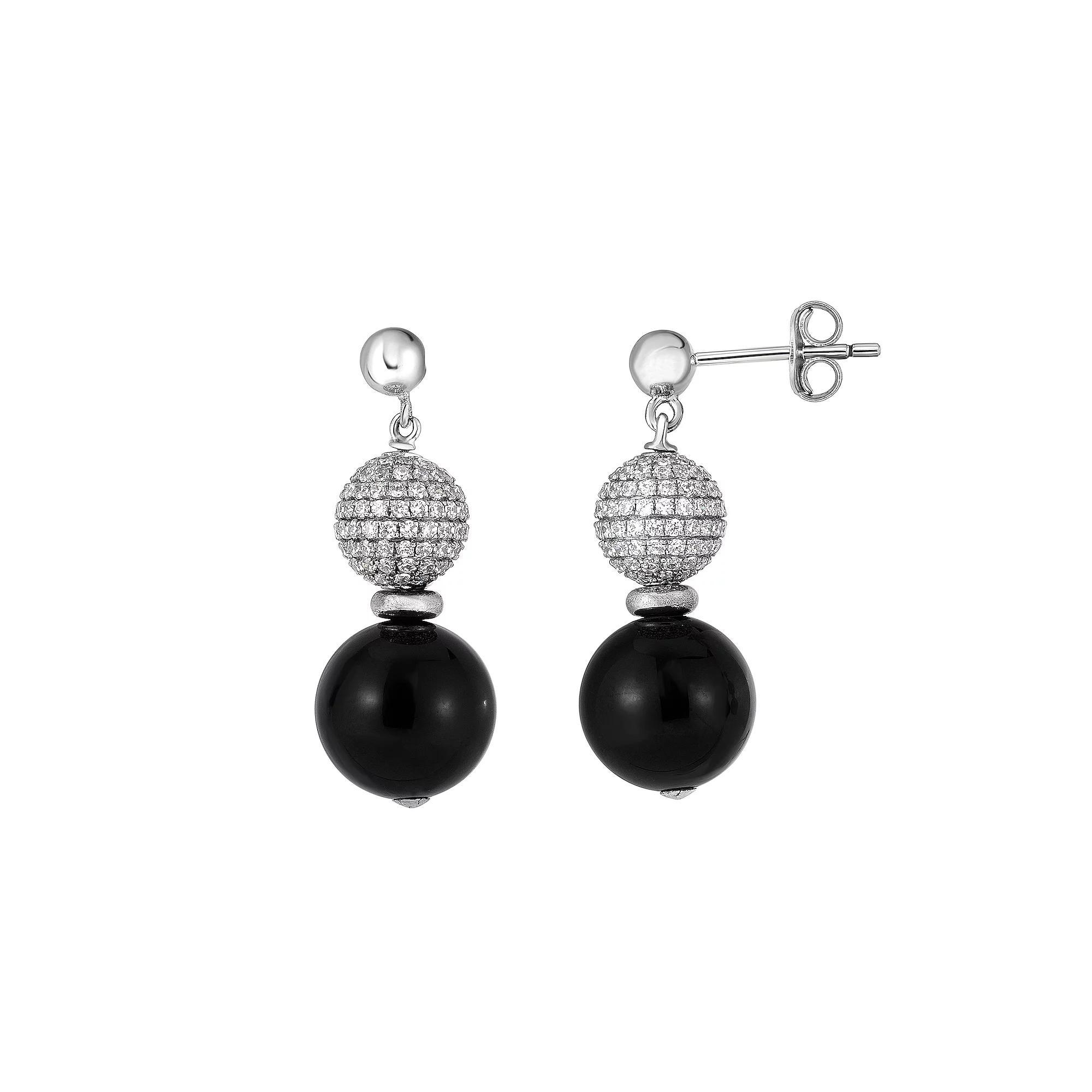 Sterling Silver Onyx & Cubic Zirconia Dangle Earrings, Womens Product Image