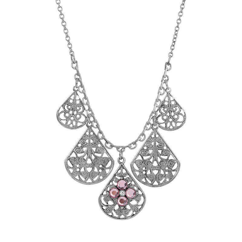 1928 Pewter Crystal Flower Filigree Teardrop Statement Necklace, Womens, Pink Product Image
