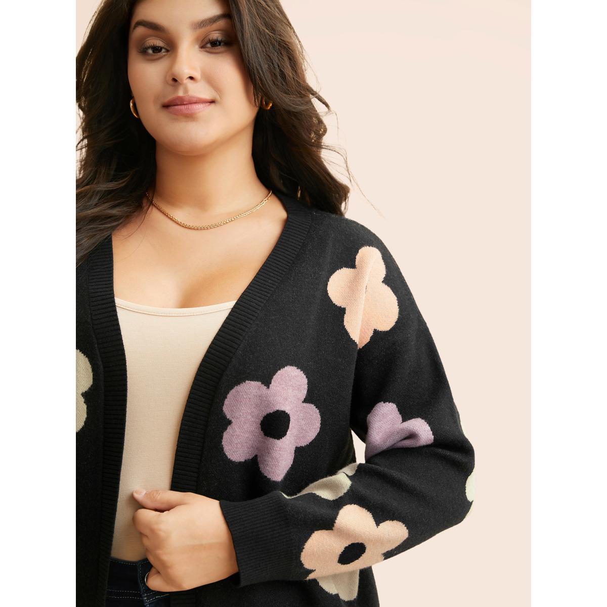 Plus Size Contrast Floral Drop Shoulder Cardigan Black Women Elegant Loose Long Sleeve Everyday Cardigans BloomChic 30/6X Product Image