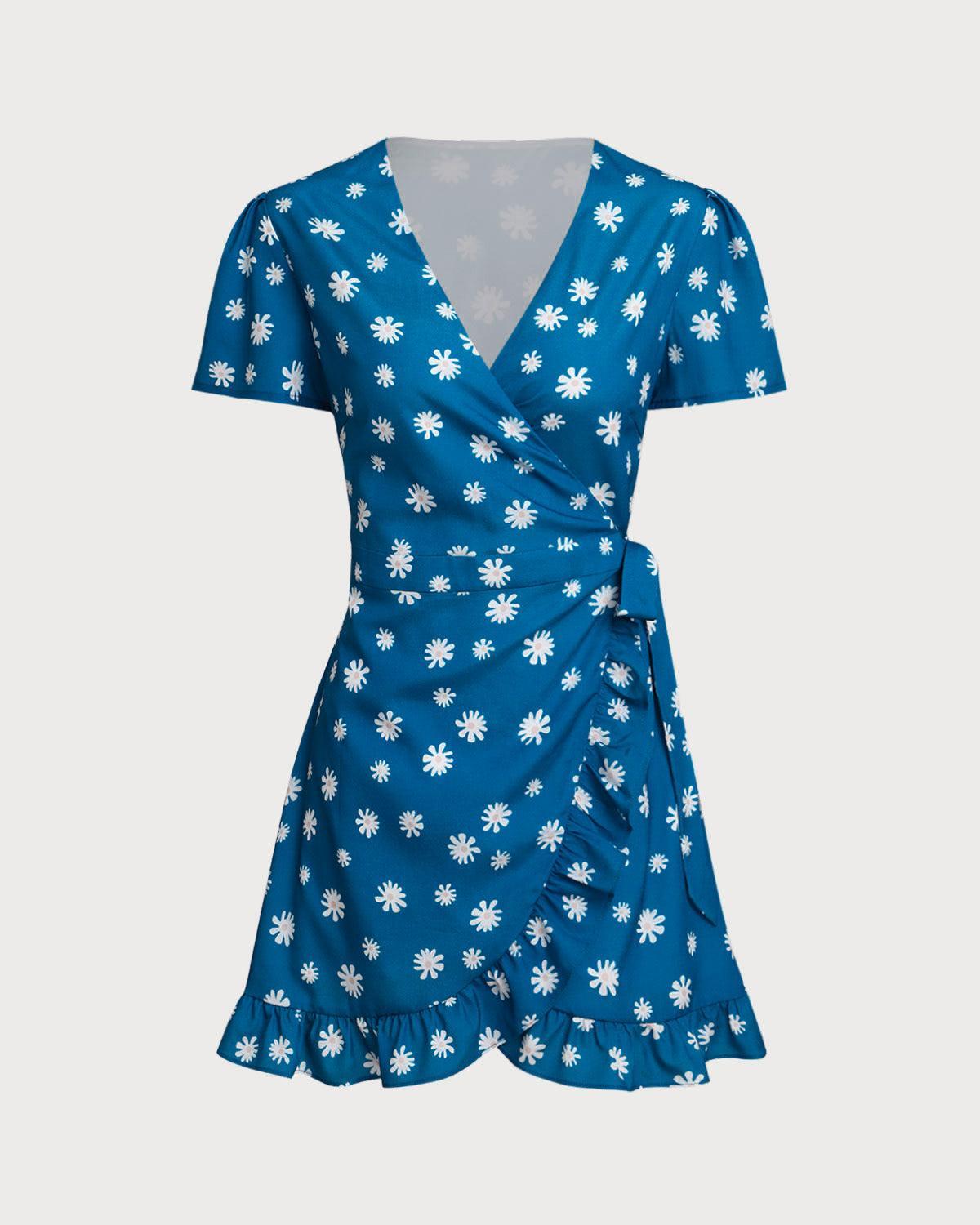 Blue Floral Wrap Mini Dress Product Image
