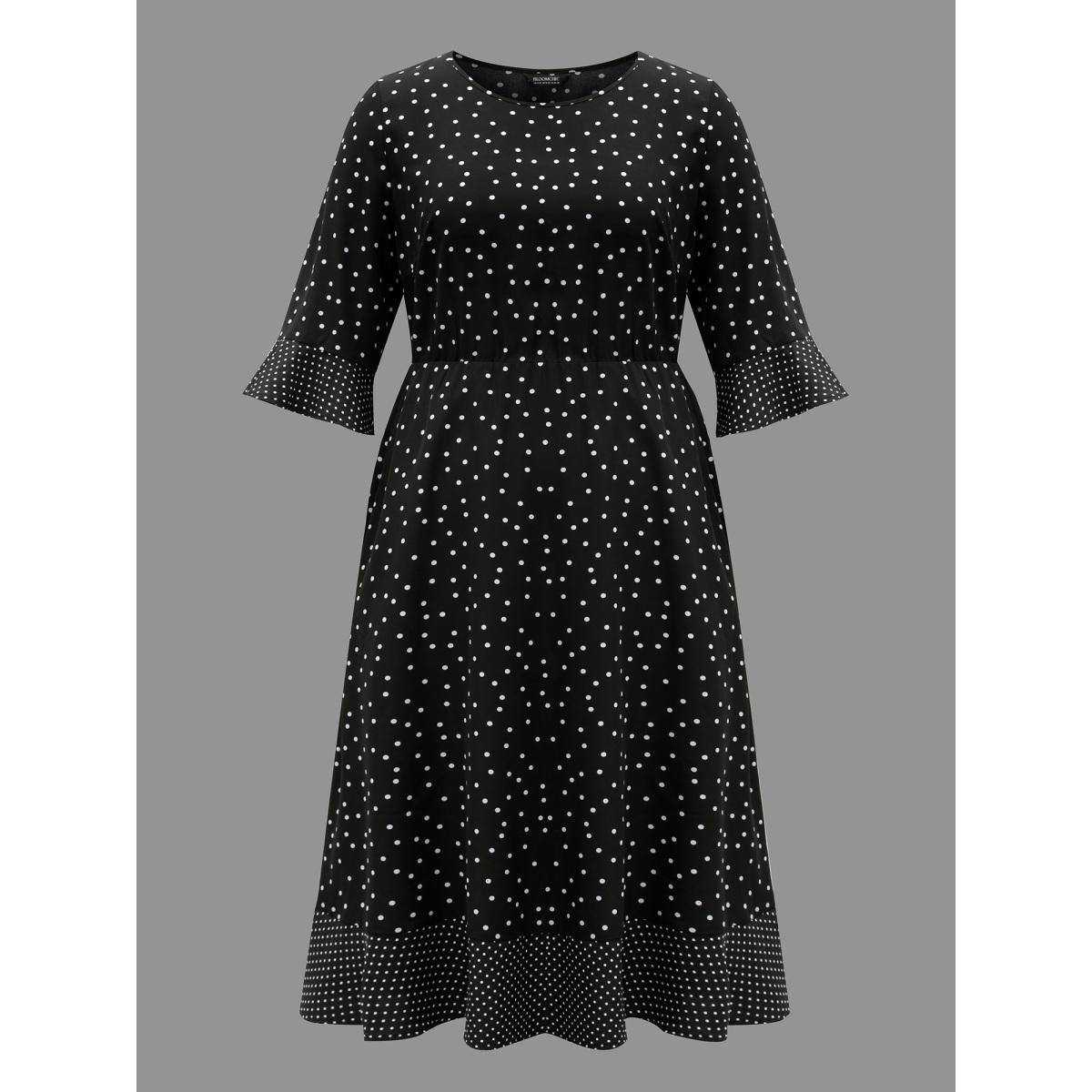 Plus Size Crew Neck Polka Dot Waist Cinched Dress Black Women At the Office Patchwork Round Neck Elbow-length sleeve Curvy BloomChic 14-16/1X Product Image