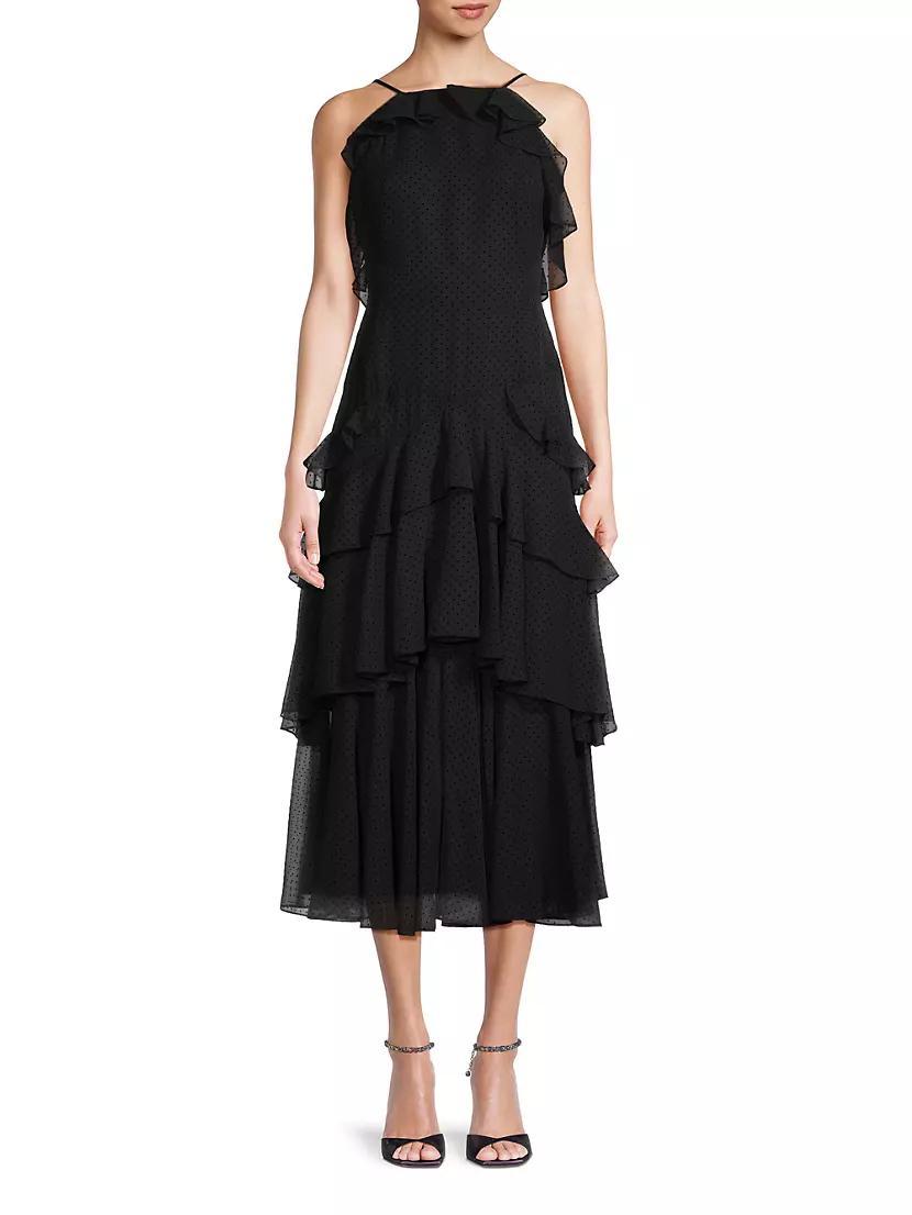 Polka Dot Tiered Chiffon Midi-Dress Product Image