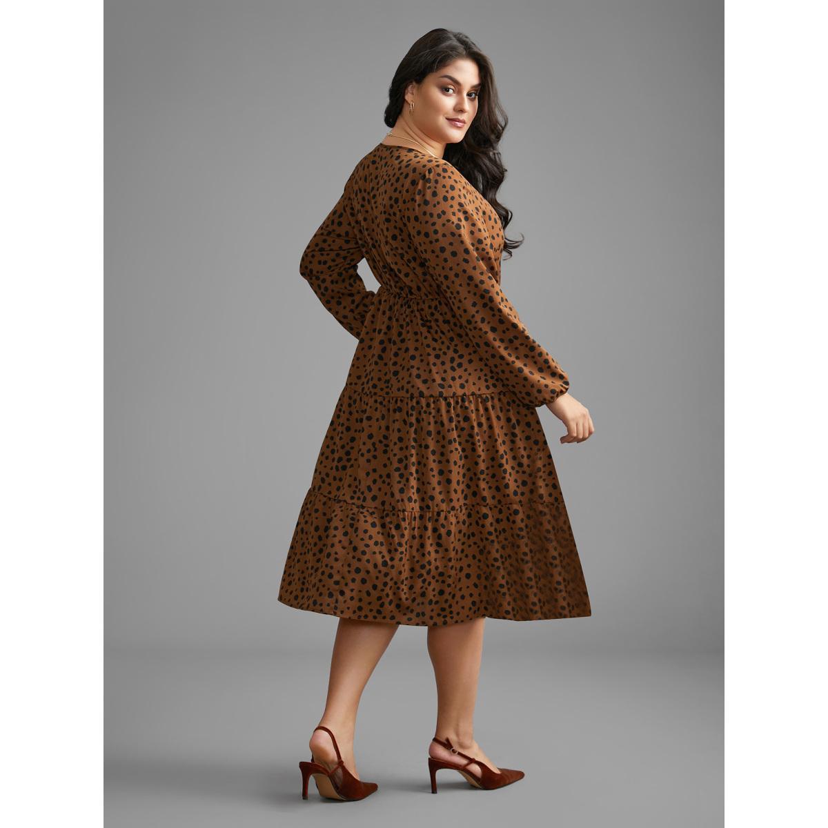 Plus Size Leopard Print Tie Knot Ruffle Layered Hem Dress Browncoffeecolor Women Elegant Tie knot V-neck Long Sleeve Curvy BloomChic 12/L Product Image