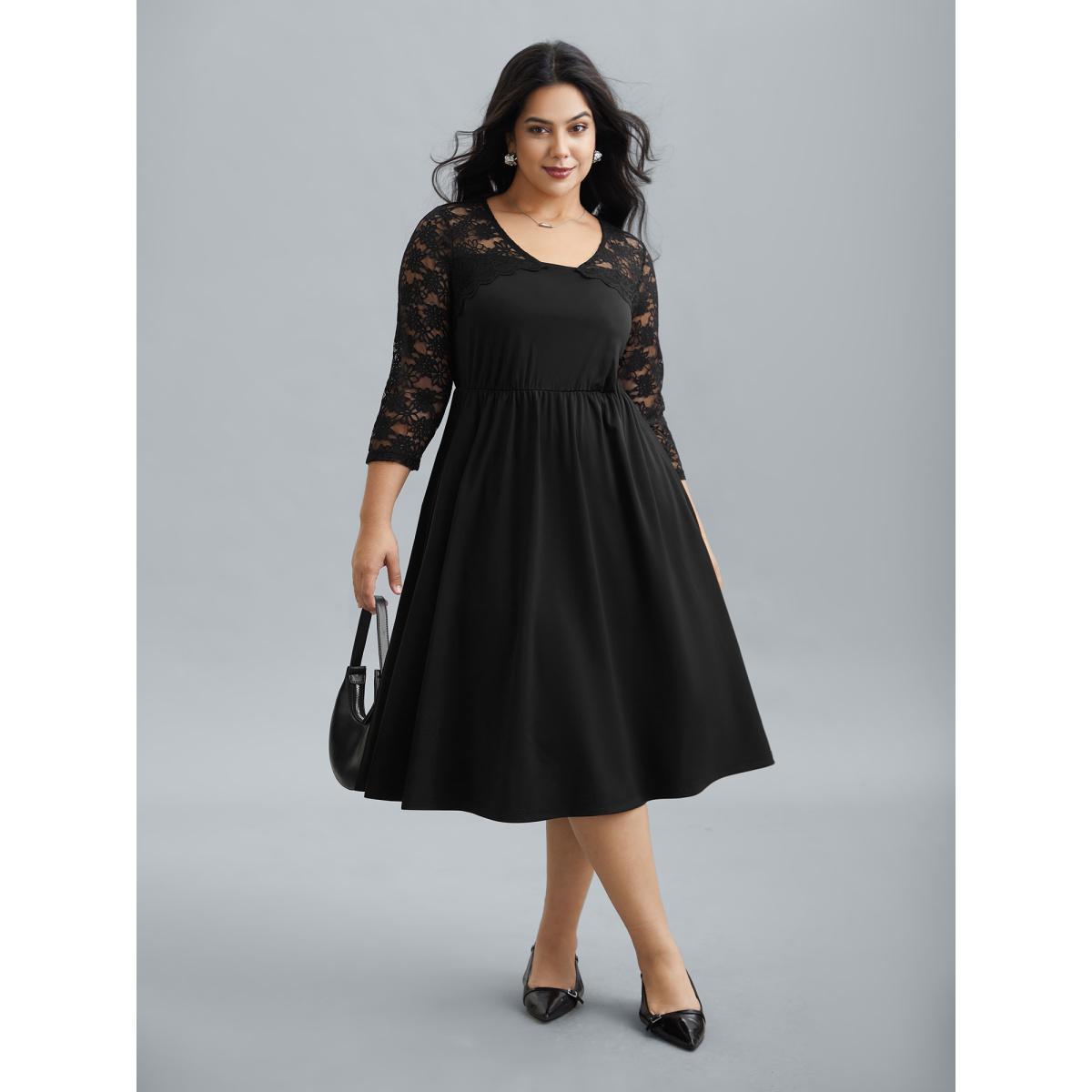 Plus Size Sheer Lace Sleeve Fit and Flare Midi Dress Black Women At the Office Woven ribbon&lace trim Asymmetrical Neck Elbow-length sleeve Curvy BloomChic 10/M Product Image