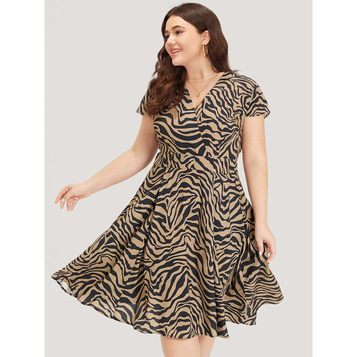 Plus Size Zebra Print Pocket V Neck Ruffle Hem Dress DarkBrown Women Elegant V-neck Cap Sleeve Curvy Midi Dress BloomChic 10/M Product Image