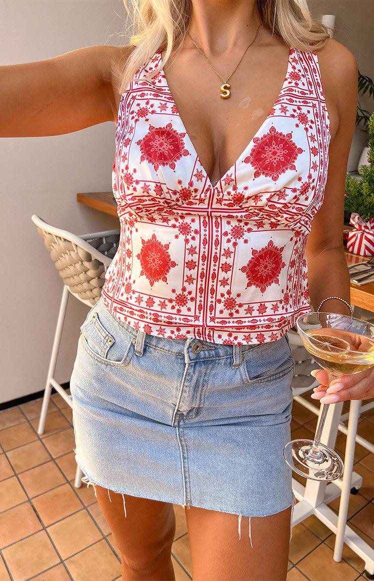 Ivory Petal Red Tile Print Top Product Image
