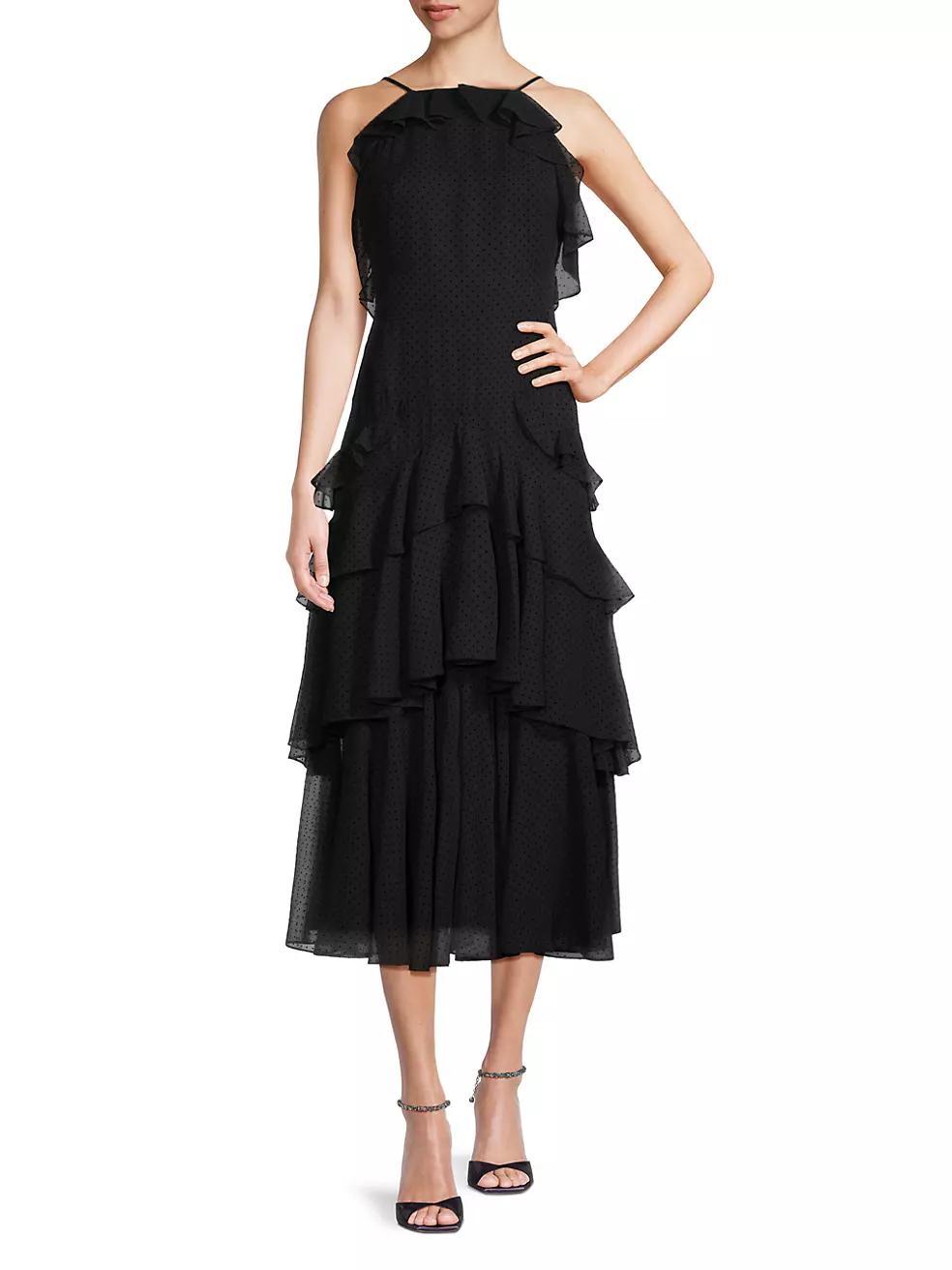 Polka Dot Tiered Chiffon Midi-Dress Product Image