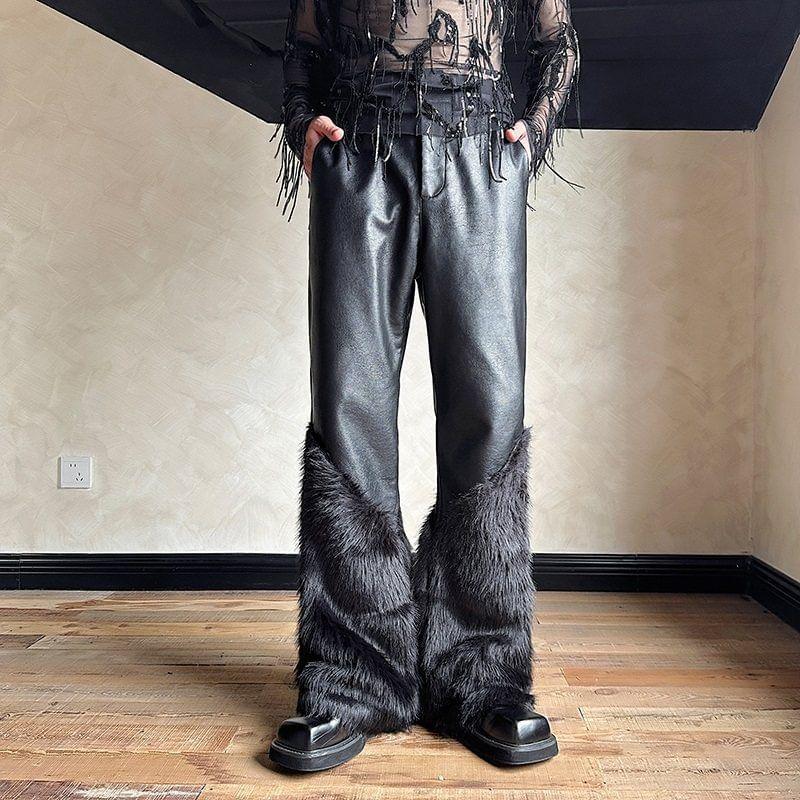 High Waists Plain Fluffy Panel Faux Leather Flared Pants Product Image
