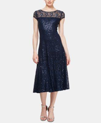 Ignite Evenings Round Neck Short Sleeve Sequin Lace Midi Dress Product Image