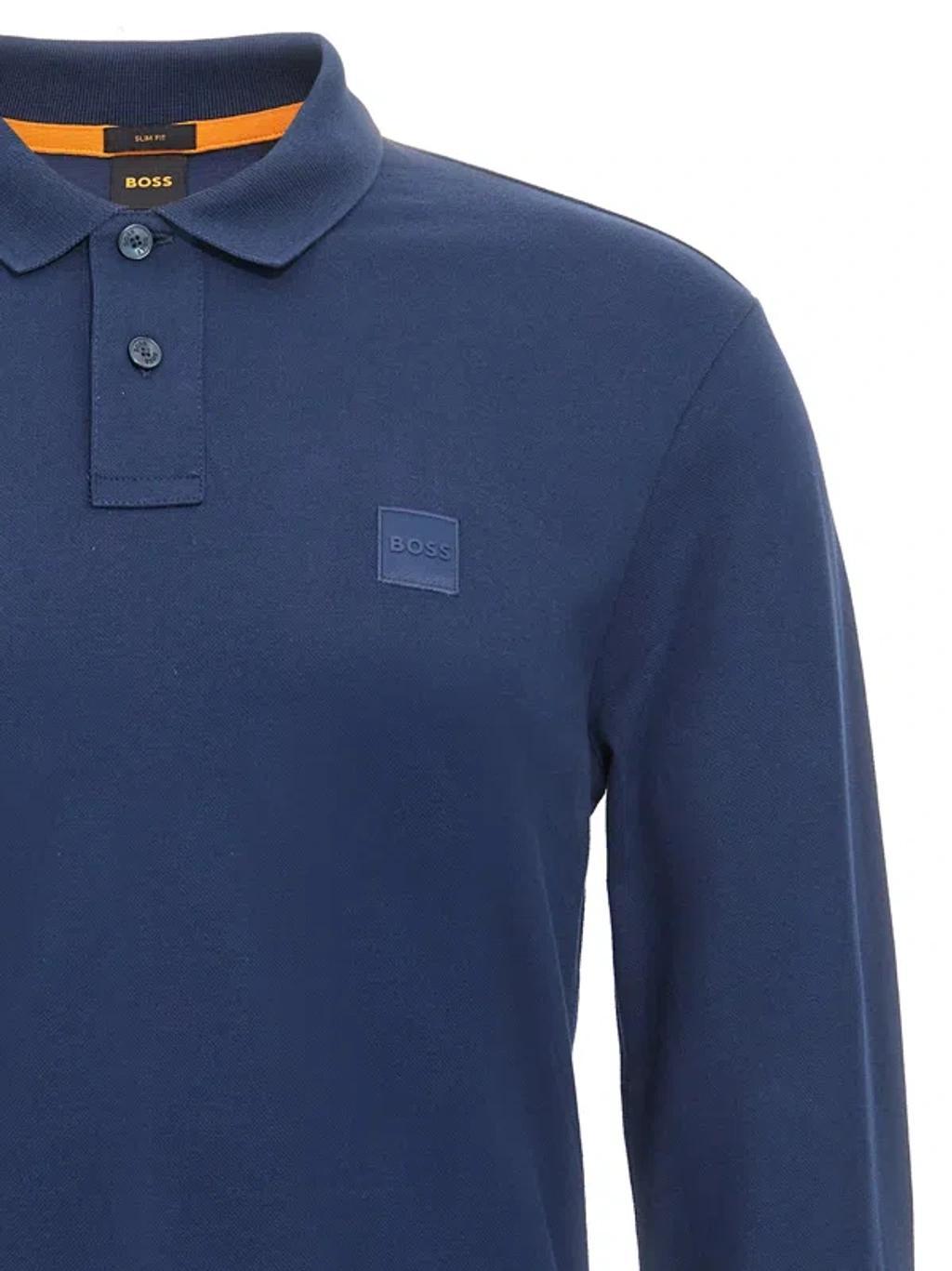HUGO BOSS Stretch-cotton Polo Shirt With Logo Patch In Denim Product Image