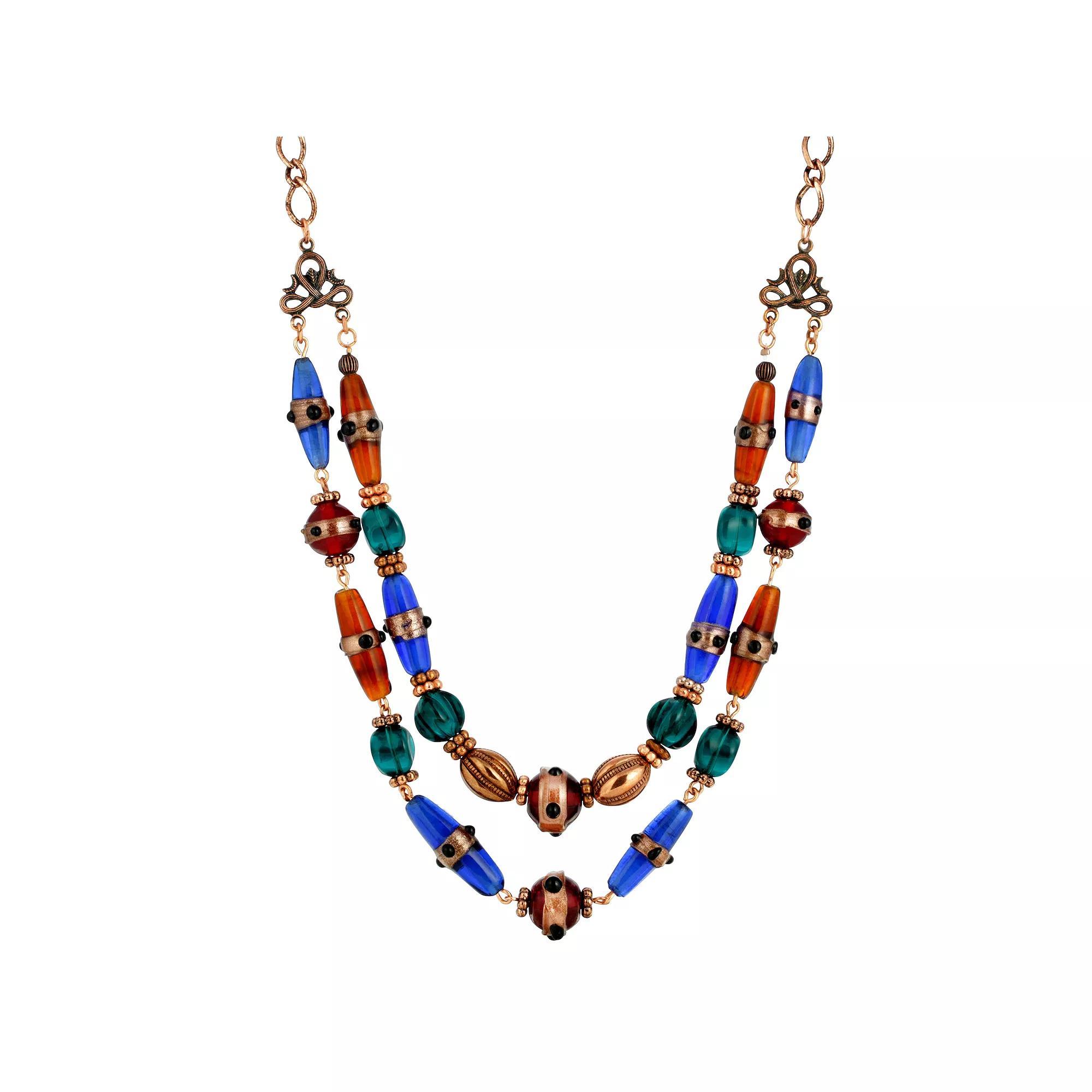 1928 Copper Tone Red & Blue Double Strand Beaded Necklace, Womens, Multi Product Image
