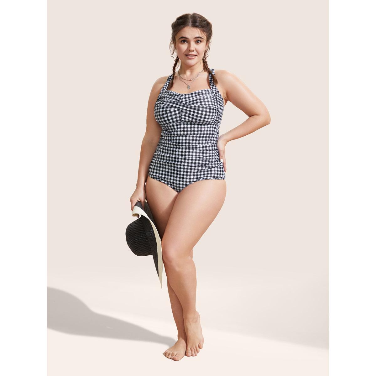 Plus Size Gingham Heart Neckline Crossover One Piece Swimsuit Women's Swimwear Black Beach Twist Curve Bathing Suits High stretch One Pieces BloomChic 28/5X Product Image