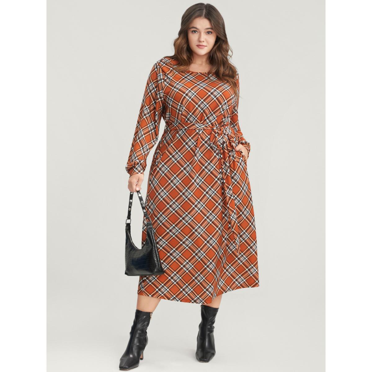 Plus Size Tartan Round Neck Pocket Belted Midi Dress Chocolate Women Elegant Belted Round Neck Long Sleeve Curvy Midi Dress BloomChic 30/6X Product Image
