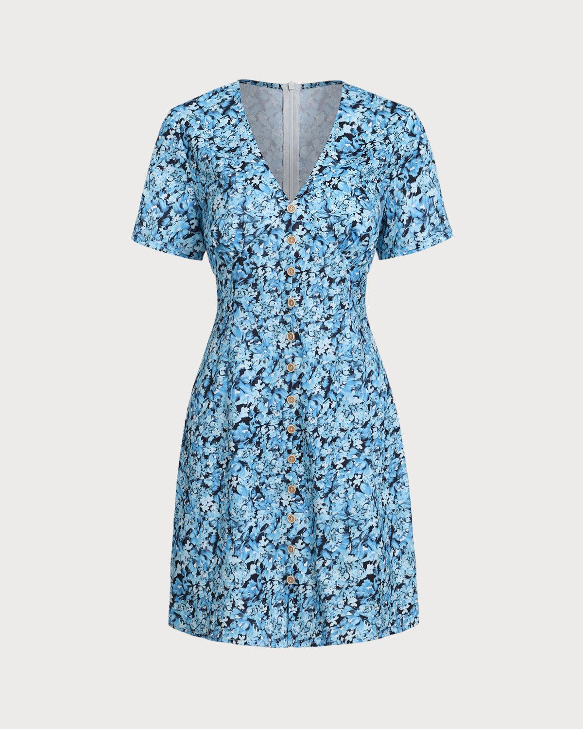 Blue Floral V-Neck Button Mini Dress Product Image