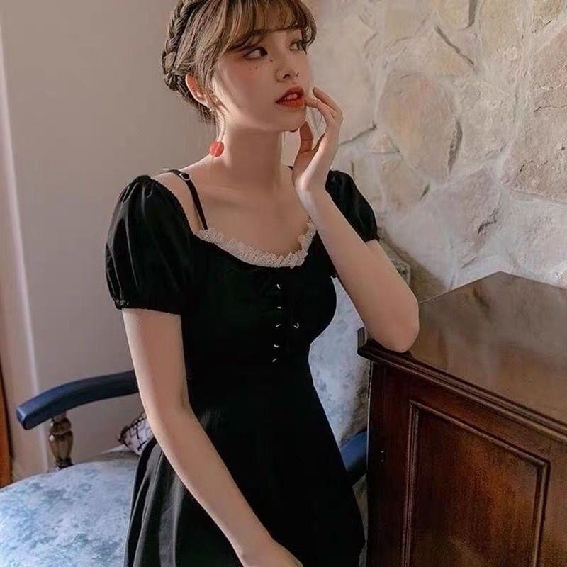 Puff-Sleeve Lace Ruffle Lace-Up Swimdress Product Image