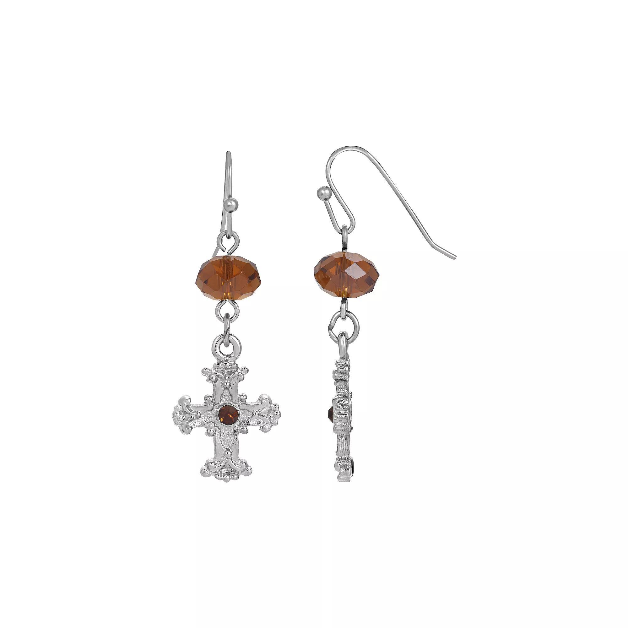 Symbols of Faith Silver-Tone Black Crystal Cross Drop Earrings, Womens, Brown Product Image