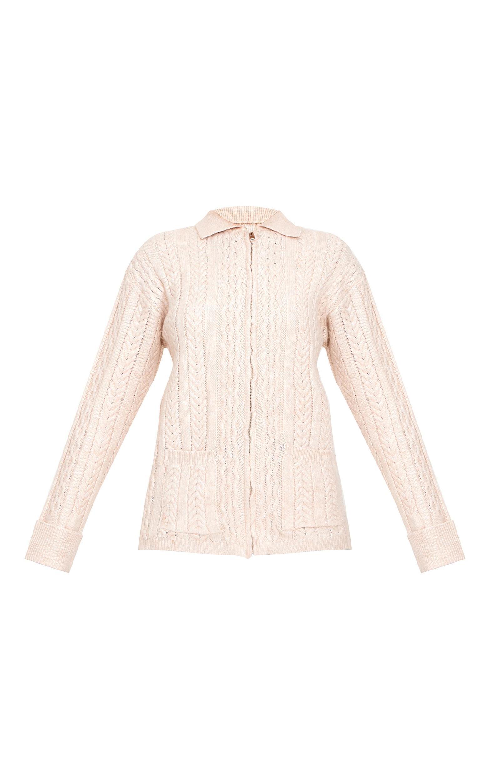 Oatmeal Cable Knit Collar Detail Zip Up Cardigan Product Image