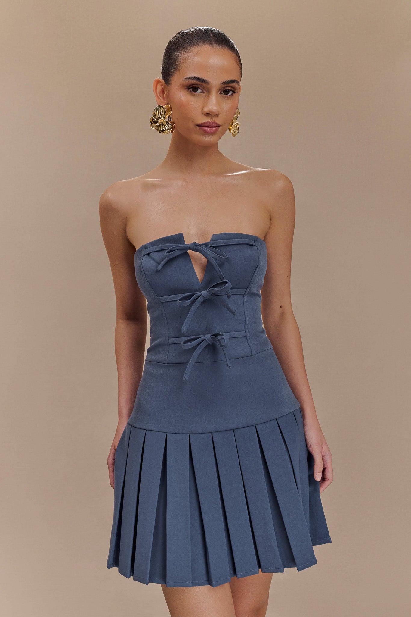 Naya Pleated Mini Dress With Ties - Steel Product Image