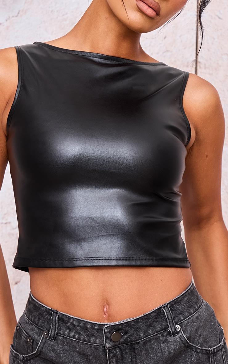 Black Boatneck Faux Leather Long Top Product Image