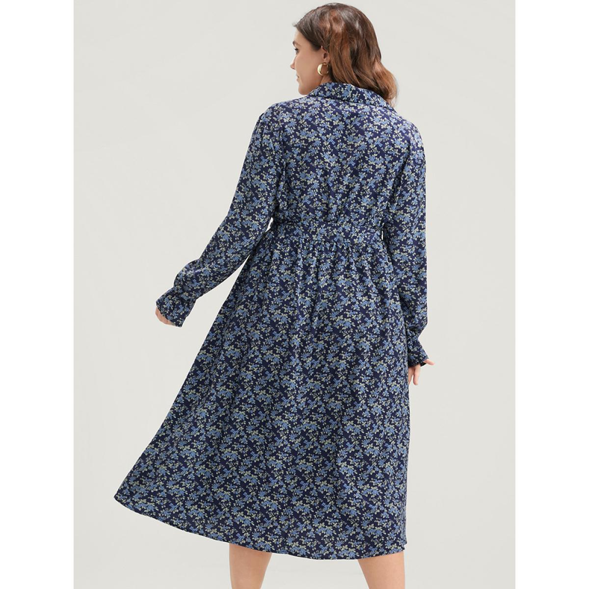 Plus Size Ditsy Floral Pocket Belted Shirt Collar Dress Indigo Women Elegant Elastic Waist Shirt collar Long Sleeve Curvy Midi Dress BloomChic 14-16/1X Product Image