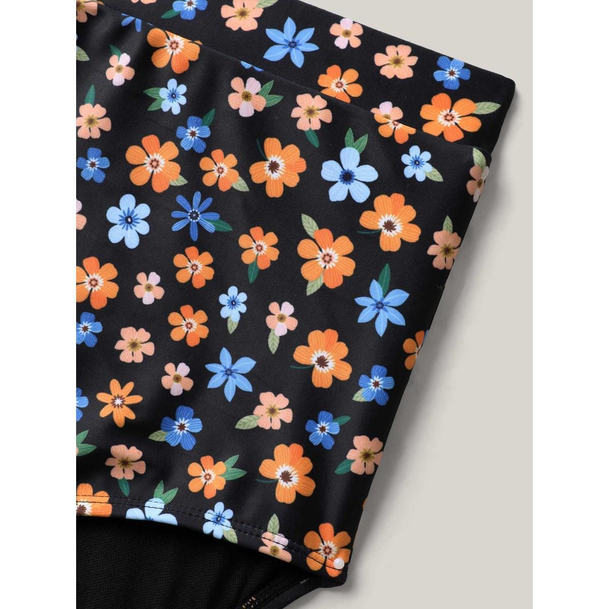 Plus Size Colorful Floral Print Adjustable Swim Dress Women's Swimwear Black Beach Bodycon U-neck High stretch Curve Swim Dresses BloomChic 12/L Product Image