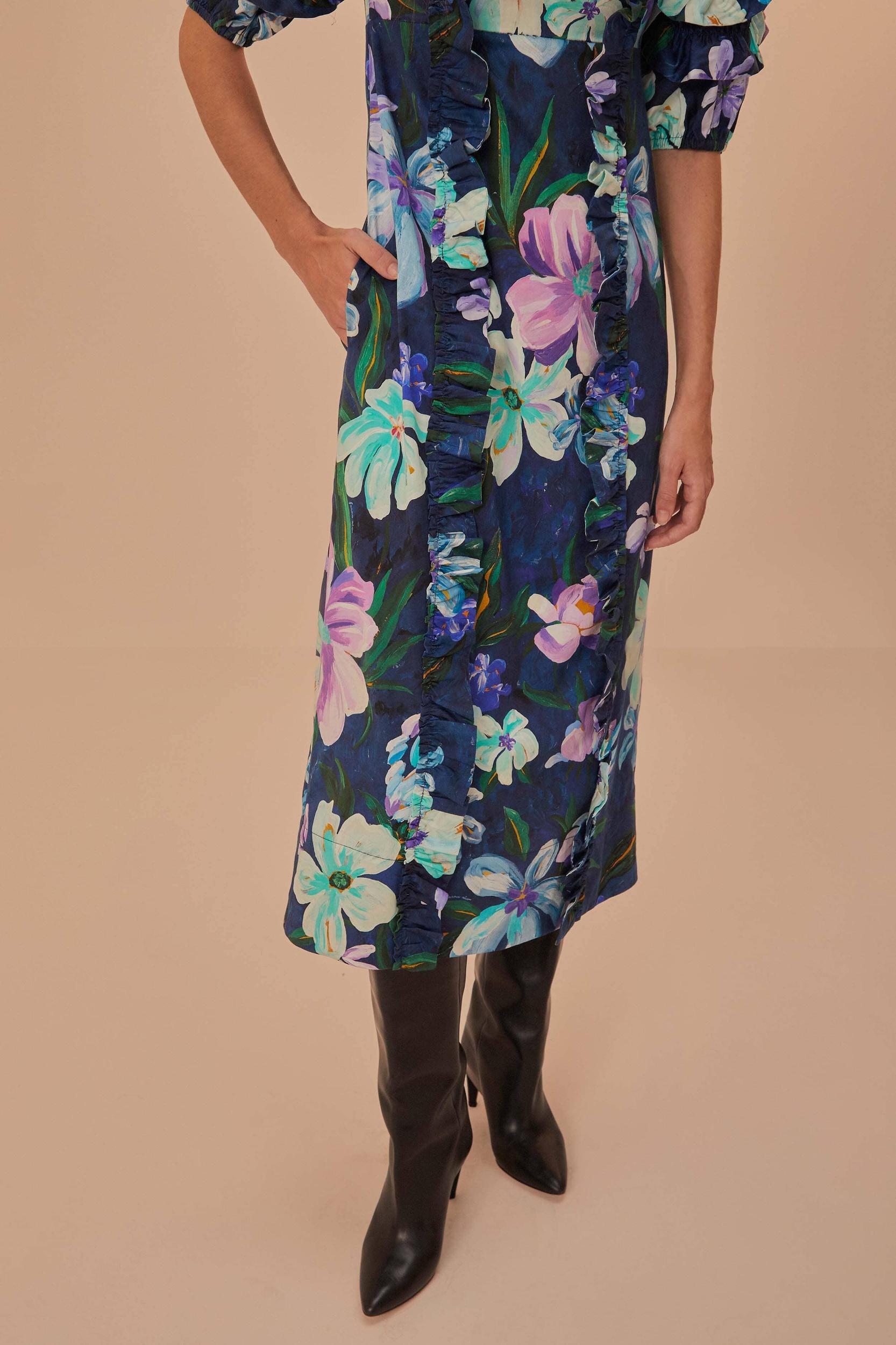 Floraline Ruffle Short Sleeve Midi Dress, FLORALINE BLUE / XL Product Image