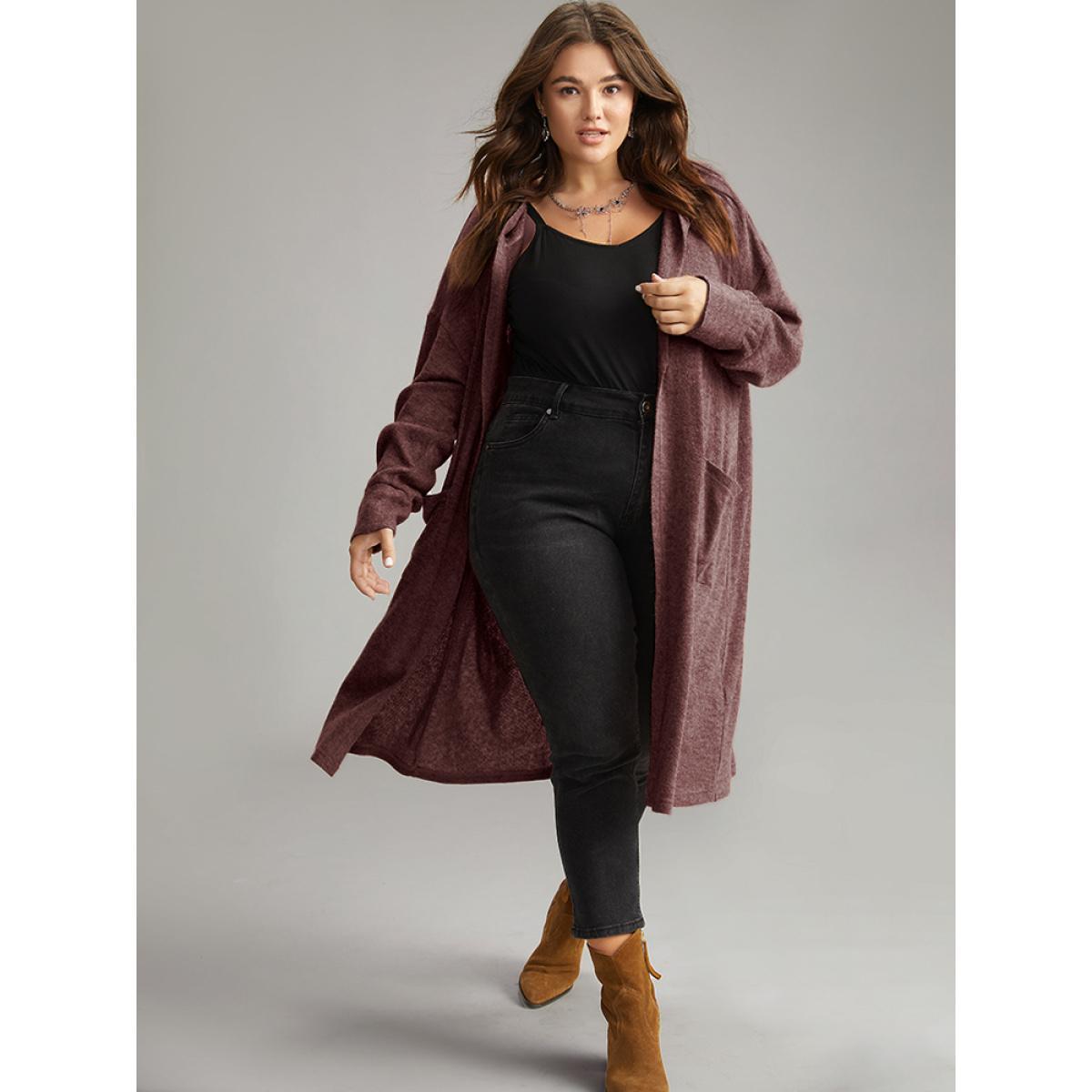 Plus Size Plain Hooded Pocket Open Front Kimono Women Eggplant Casual Texture Pocket Dailywear Kimonos BloomChic 30/6X Product Image