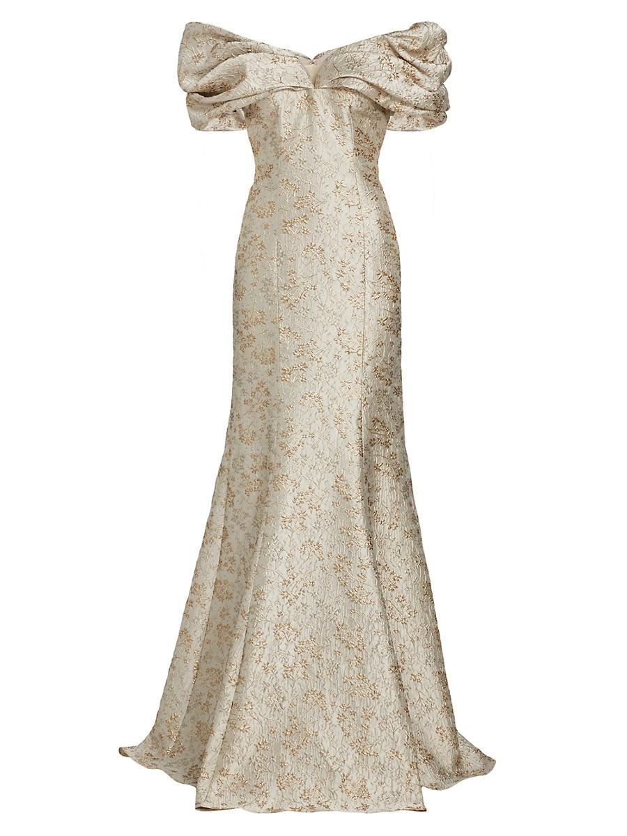 Womens Metallic Jacquard Off-The-Shoulder Gown Product Image