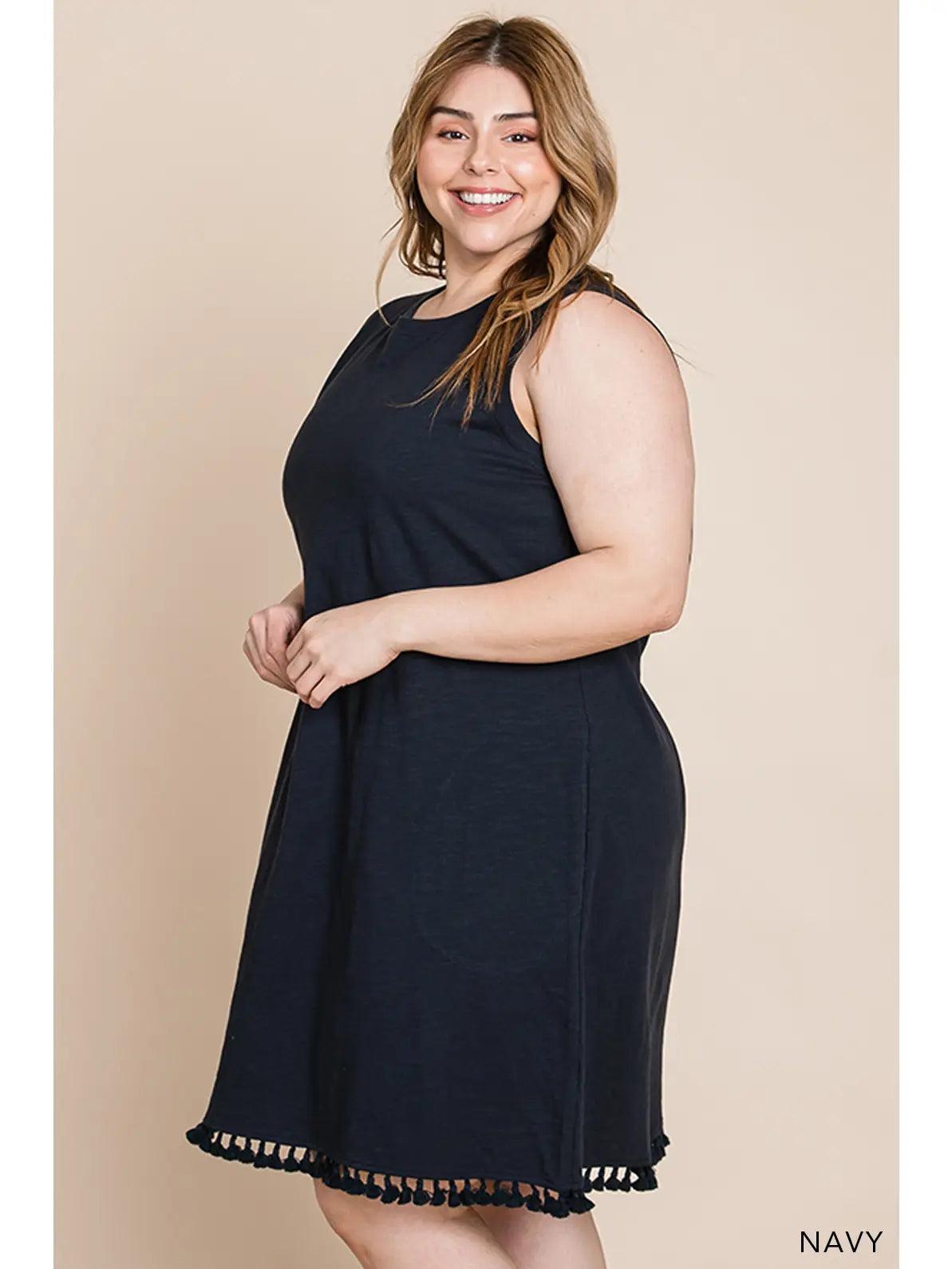 Navy Tassel Washed Cotton Dress For Women Female Product Image