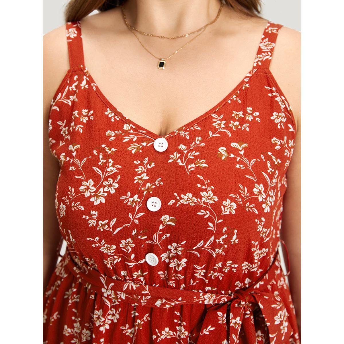Plus Size Ditsy Floral Button Detail Belted Split Hem Cami Dress Red Women Elegant Belted Spaghetti Strap Sleeveless Curvy Midi Dress BloomChic 28/5X Product Image