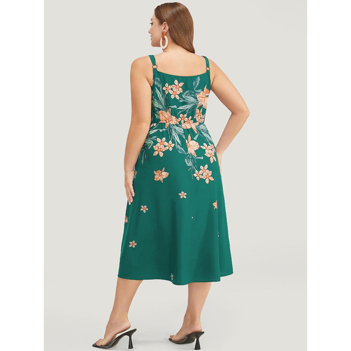 Plus Size Floral Pocket Adjustable Straps Ruffle Hem Cami Dress Green Women Elegant Adjustable Straps Spaghetti Strap Sleeveless Curvy Midi Dress BloomChic 26/4X Product Image
