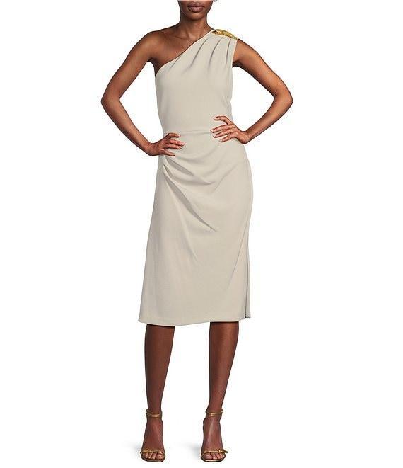 Donna Karan Asymmetrical Neck One Shoulder Gold Broach Midi Sheath Dress Product Image