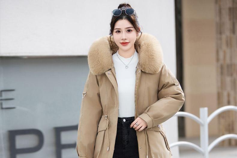 Furry Trim Hooded Zip-Up Parka Product Image